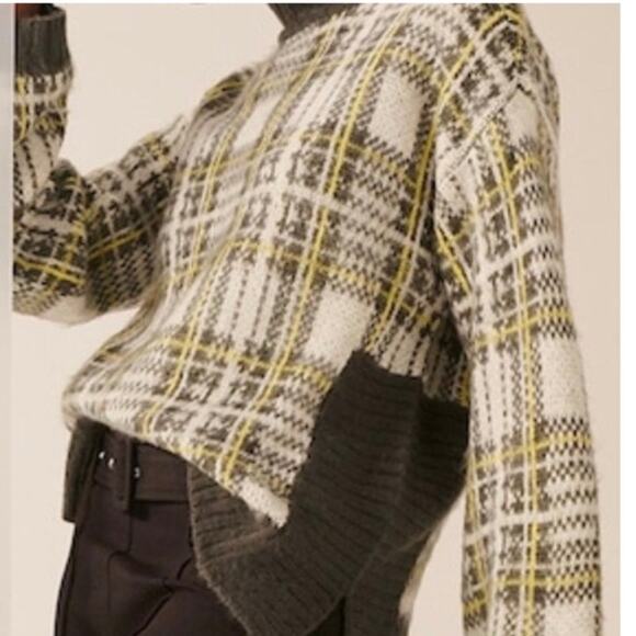 Nine west fuzzy, mock turtleneck sweater in yellow & gray plaid size large - Picture 1 of 11